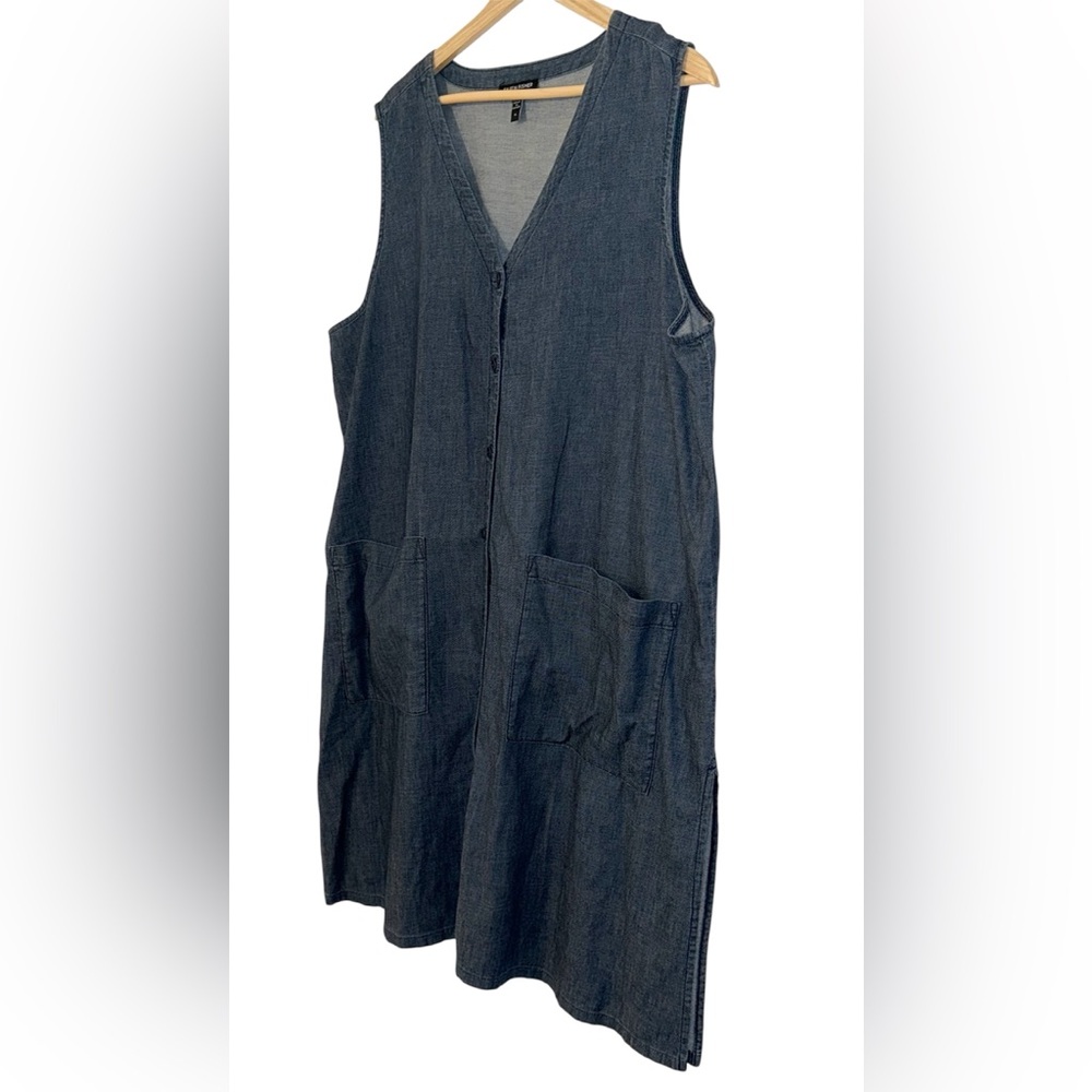 Eileen Fisher Twill Denim V Neck Long Tunic Top and Pants Set - Picture 3 of 14